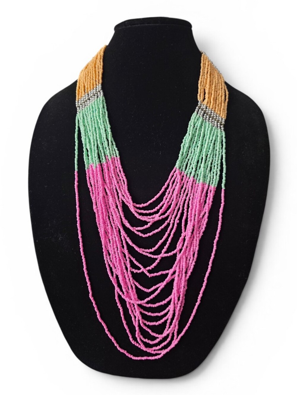New Decree Pink, Mint & Gold Multi-Strand Beaded Necklace